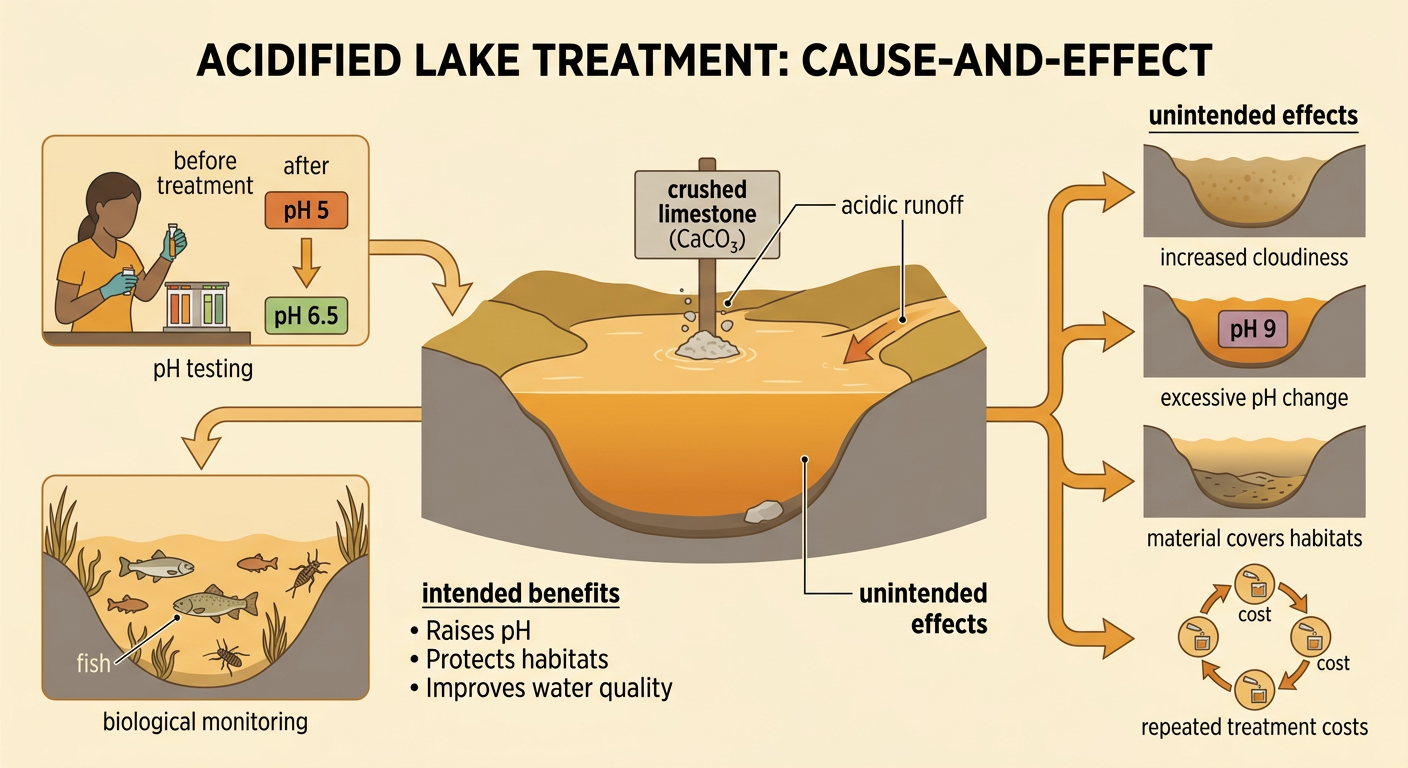 A monitored lake treatment shows crushed limestone being added while runoff, pH, and fish health are evaluated.