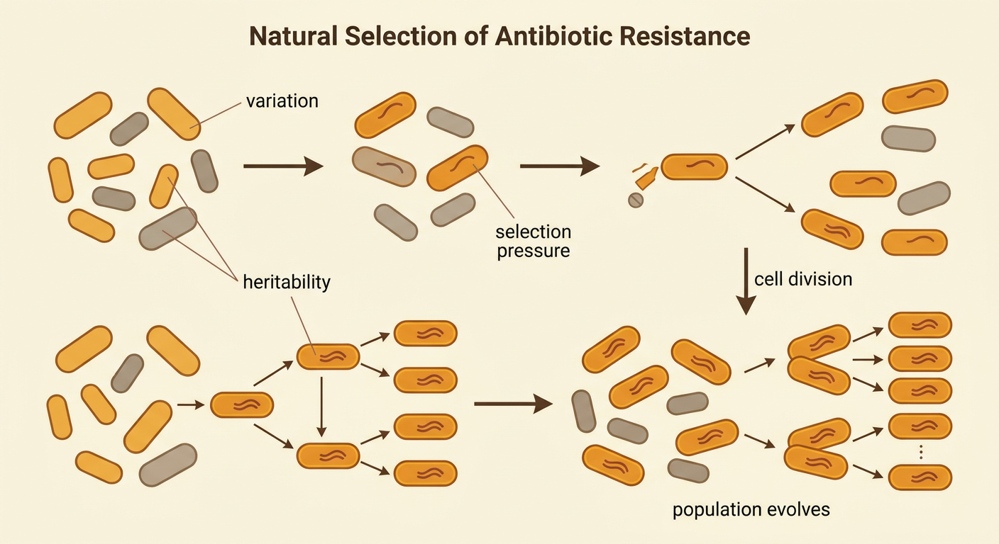 A step-by-step sequence shows resistant bacteria surviving selection pressure and producing descendants by cell division.