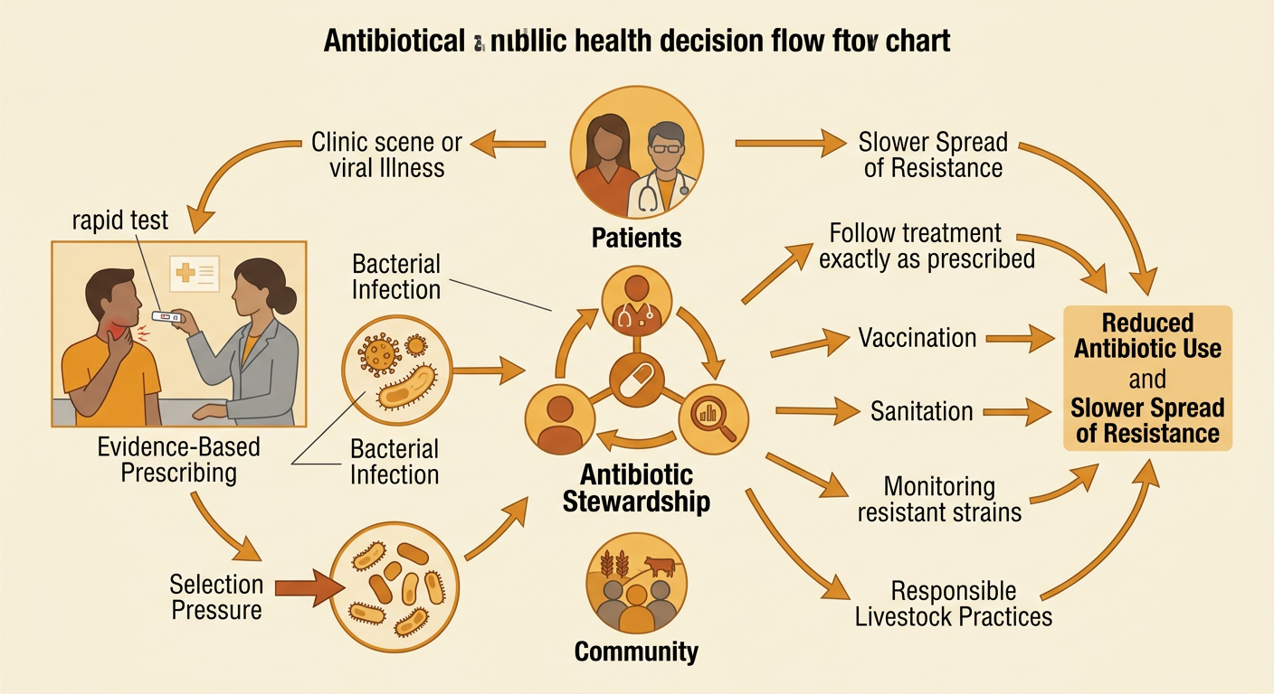 A clinic uses a rapid test to guide an antibiotic prescription while community prevention strategies reduce resistance.