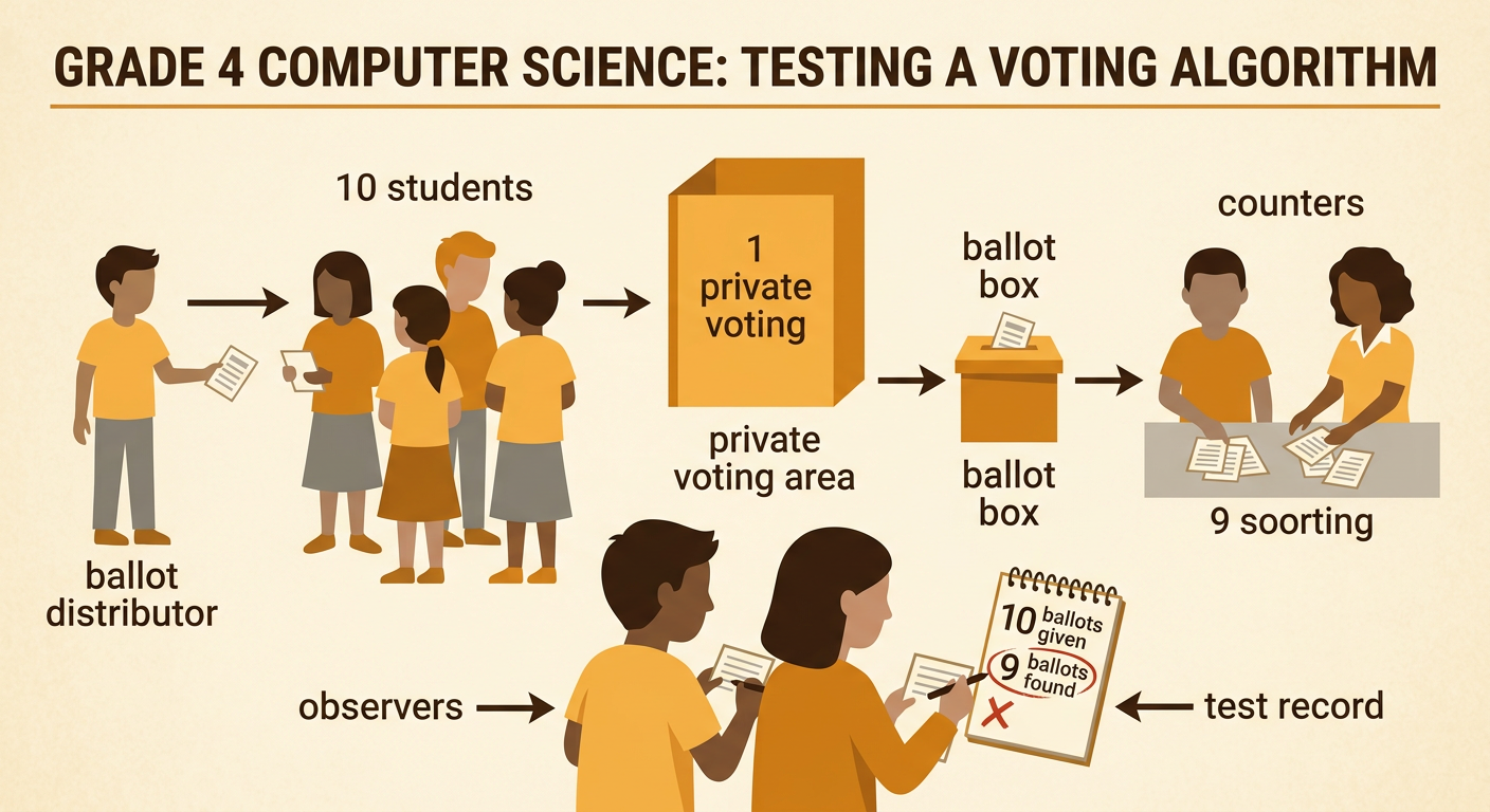 A practice vote shows observers recording that ten ballots were given out but only nine were found in the box.