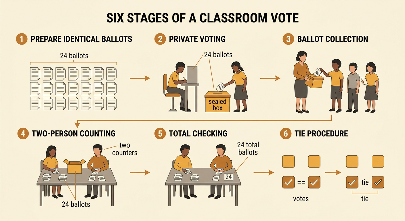A classroom voting plan shows equal ballots going into a sealed box before two counters count and check for a tie.