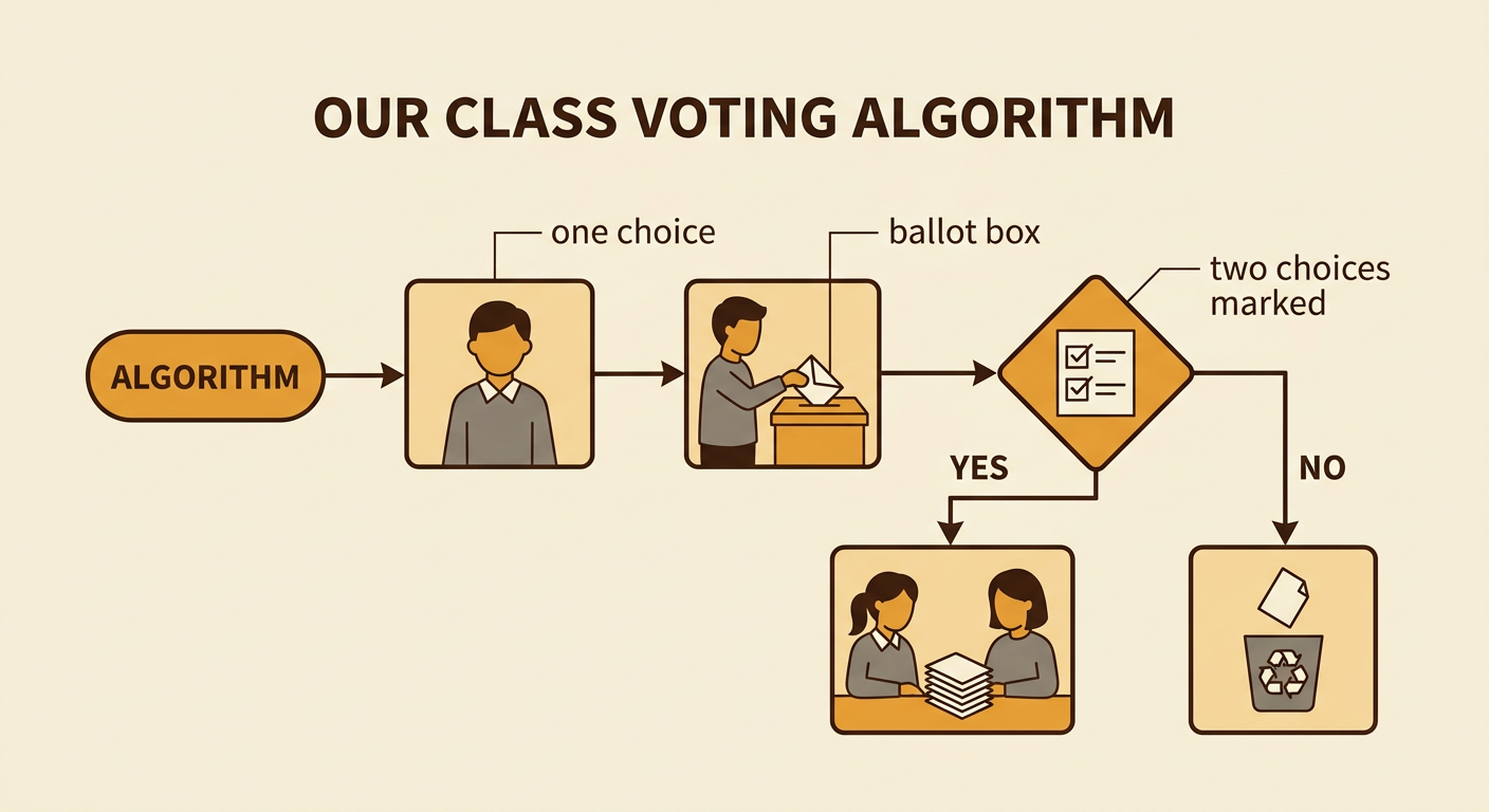 A voting flow diagram shows a student marking a ballot, placing it in a box, and counters checking a ballot with two marks.