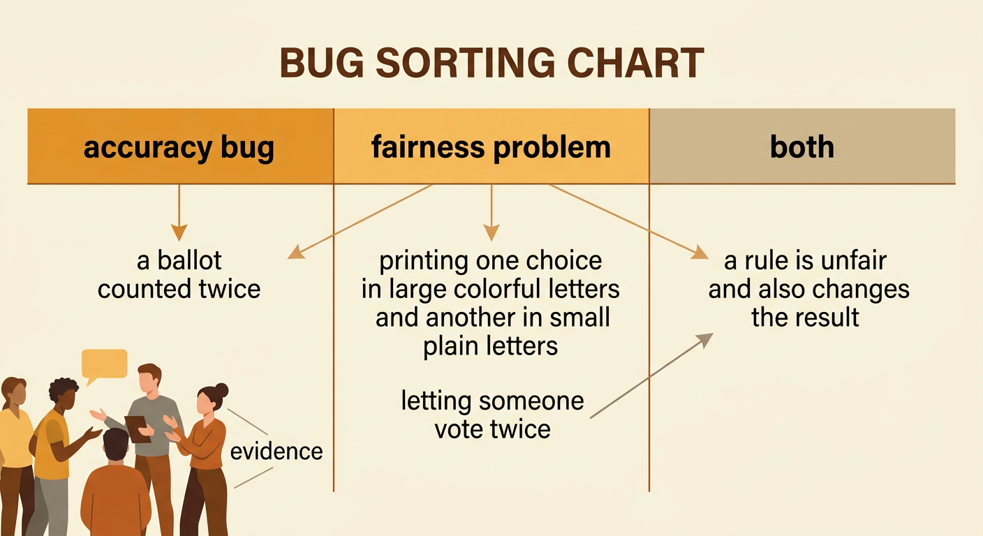 A review board sorts voting issues into accuracy bugs, fairness problems, and problems that fit both groups.