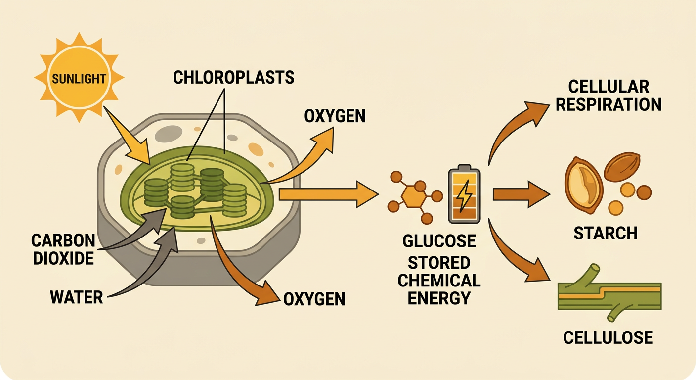 A sunflower uses glucose for respiration, seed starch, and stem cellulose while releasing oxygen.