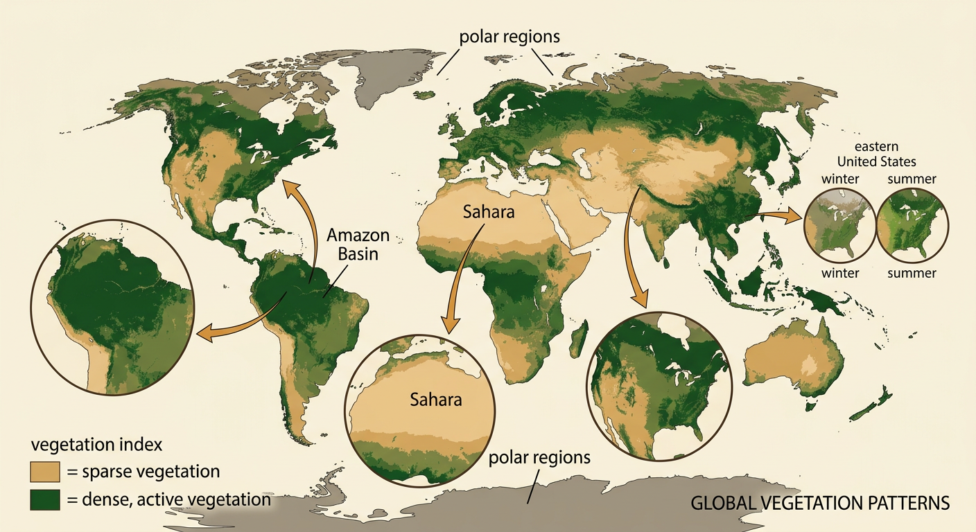 A global vegetation map contrasts dense green regions with deserts and polar areas.