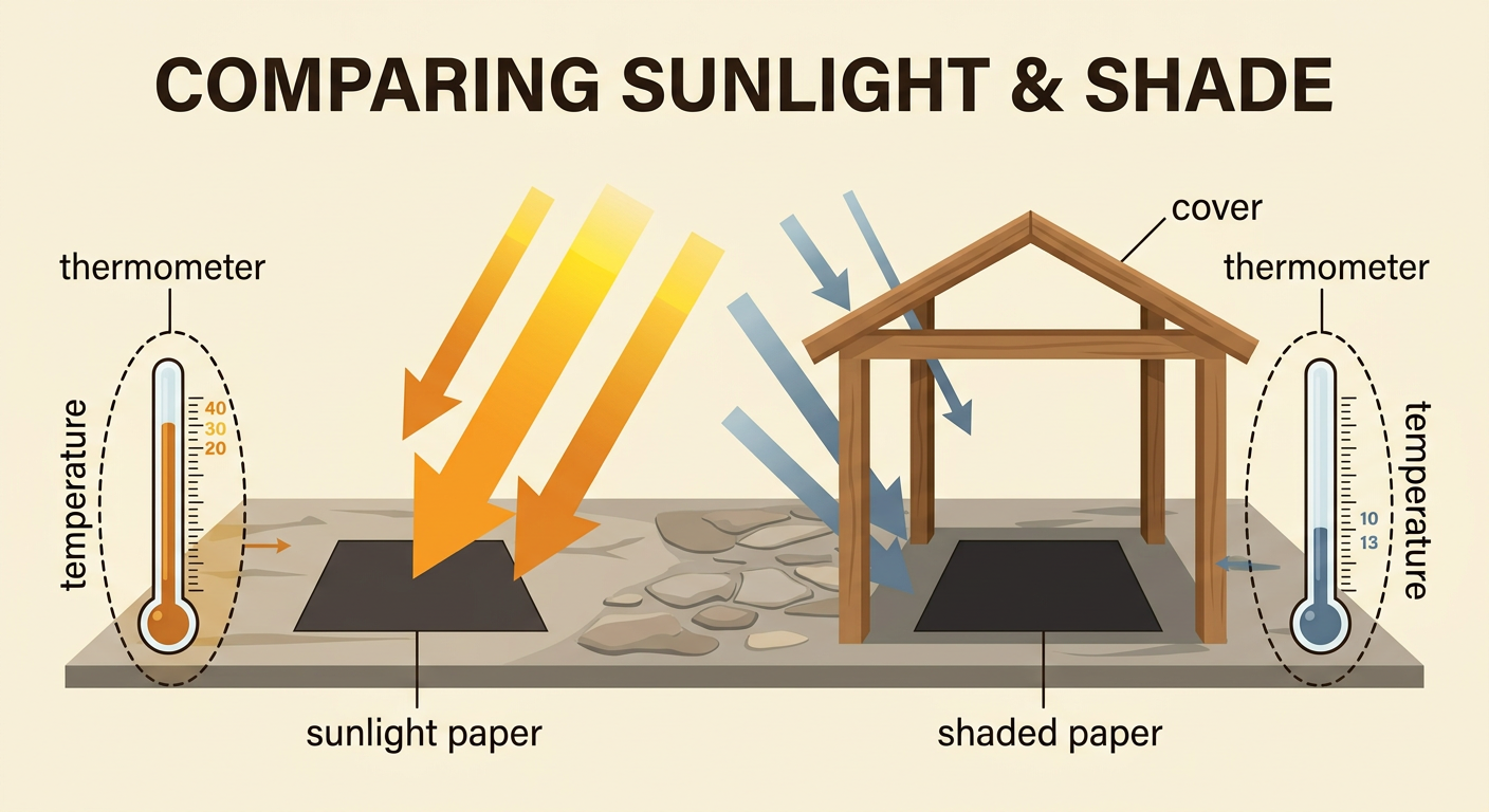 Two matching dark paper squares sit side by side, one in sunlight and one under a cover, with a thermometer beside each.