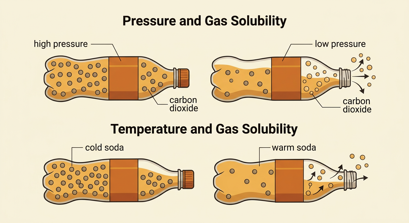 Cold sealed and warm opened soda bottles show how temperature and pressure affect dissolved carbon dioxide.
