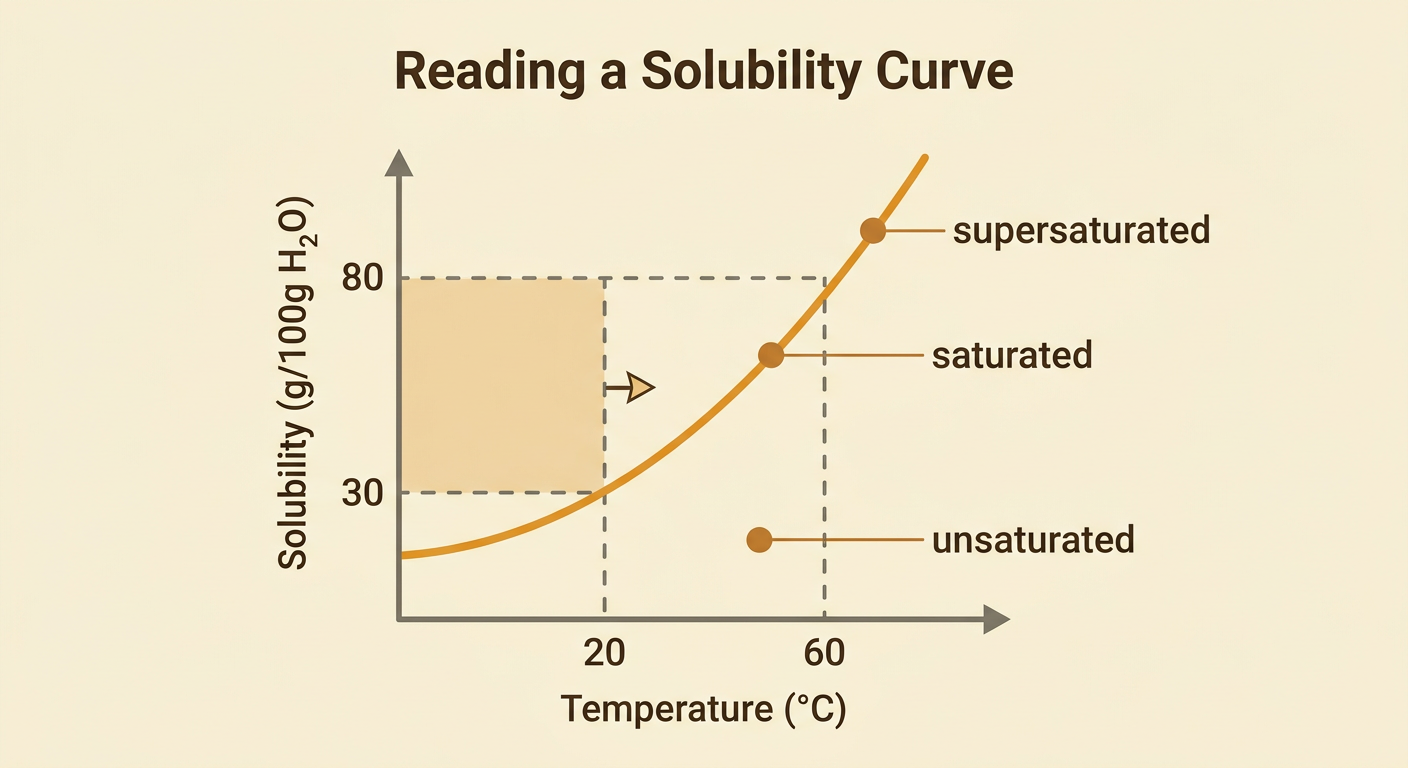 A solubility curve marks 80 grams at 60 degrees Celsius and 30 grams at 20 degrees Celsius, with regions above and below the curve.
