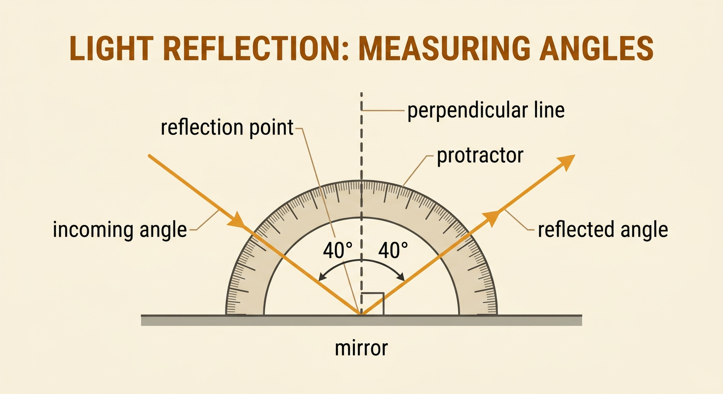 A protractor measures equal incoming and reflected angles beside a perpendicular line at a mirror.