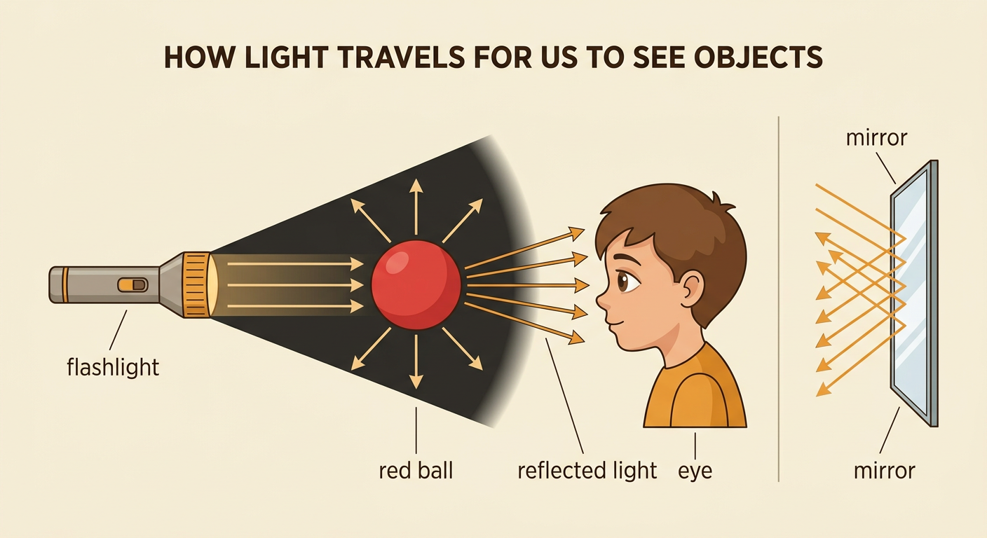 A flashlight shines on a red ball, which reflects light toward an eye and a nearby mirror.