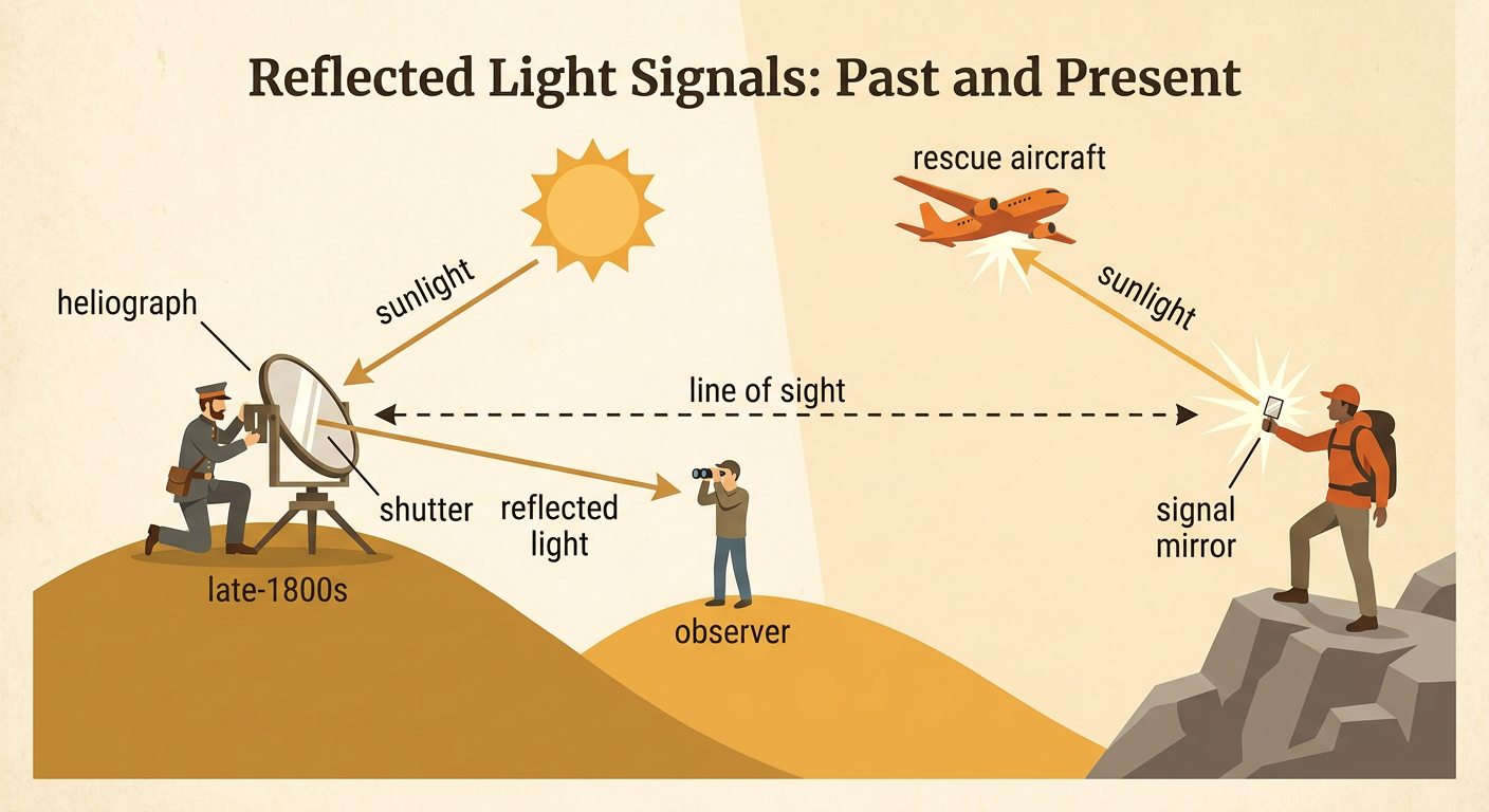 A heliograph uses sunlight and a shutter to flash a coded message to an observer on a distant hill, beside an emergency signal mirror.