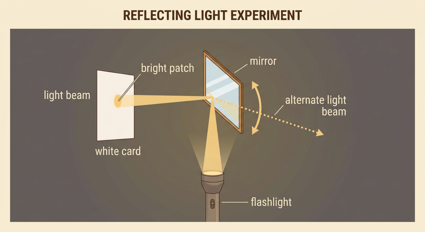 A flashlight beam strikes a turned mirror and creates a bright patch on a white card.