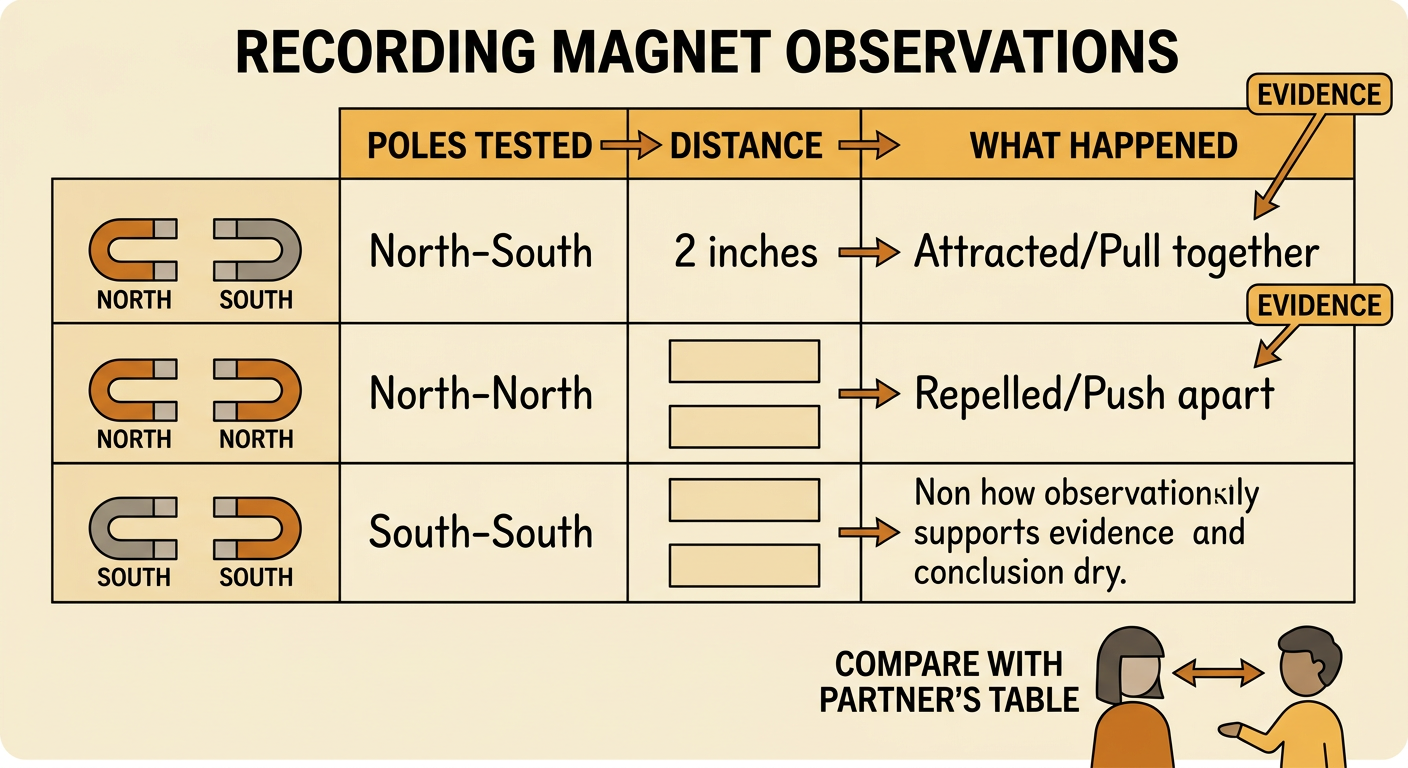 A simple data table records magnet pole pairs, measured gaps, and whether the magnets attracted, repelled, moved, or did not move.