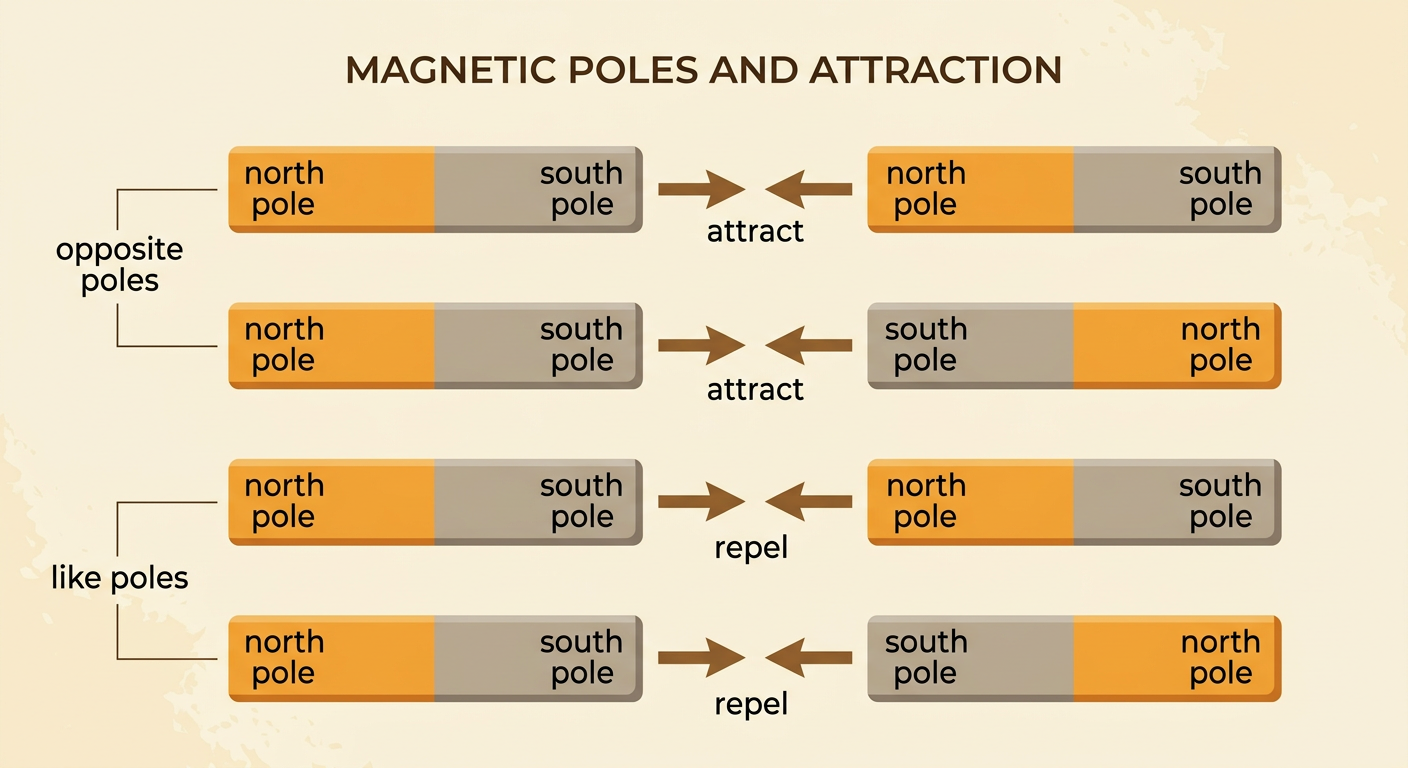 A four-row magnet diagram shows opposite poles attracting and matching poles repelling across a gap.