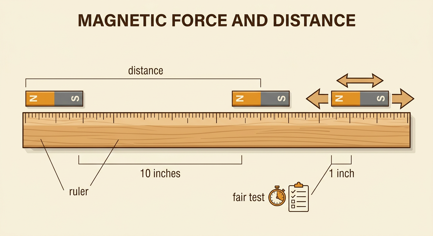 Two magnets line up beside a ruler, with one view showing a 10-inch gap and another showing a 1-inch gap.
