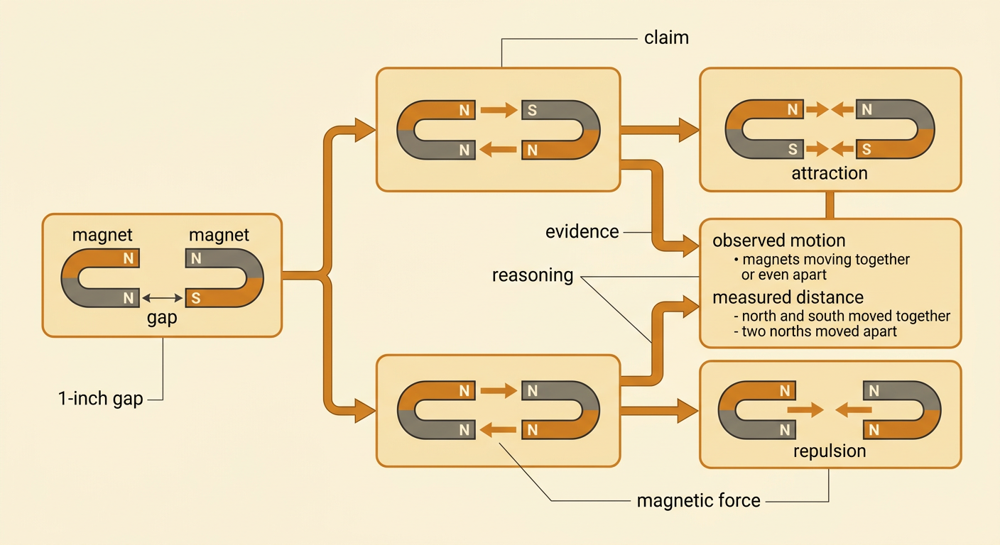 A claim-evidence-reasoning organizer connects two magnet test results to an explanation of attraction and repulsion across space.