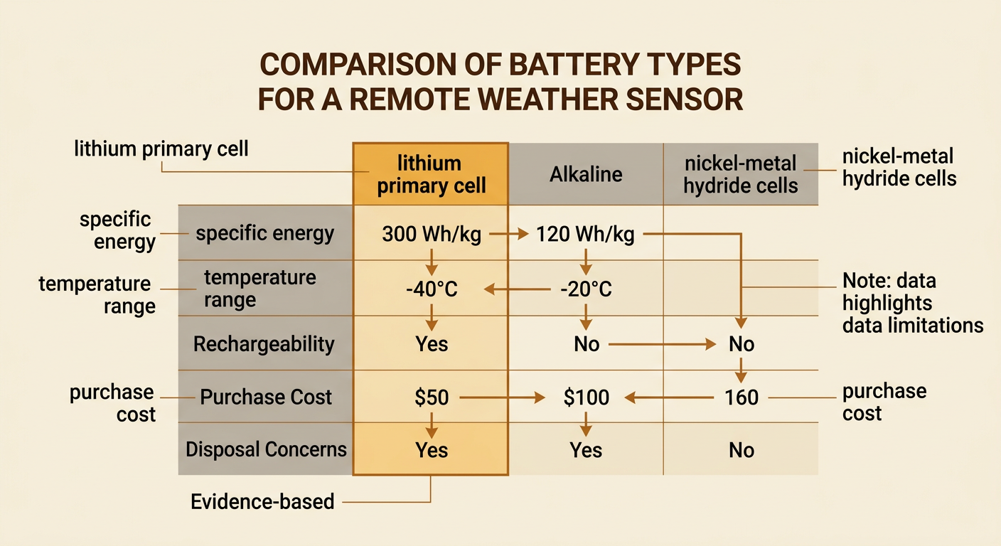 A comparison table for a remote weather sensor contrasts lithium, alkaline, and rechargeable cells by energy, cold performance, cost, and recharging needs.