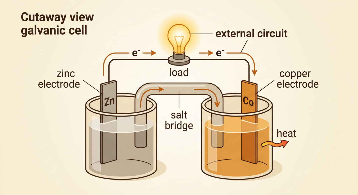 A zinc-copper galvanic cell powers a small light through a wire while a salt bridge connects the two solutions.