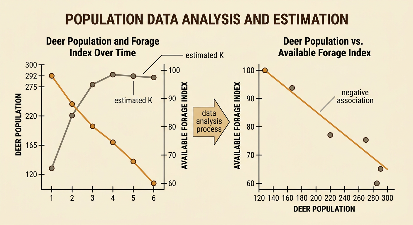 A six-year deer-and-forage data display shows population leveling near 290 as forage decreases.