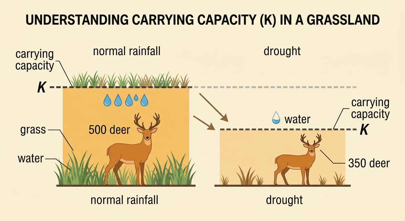 A split grassland scene compares deer supported during normal rainfall with fewer deer supported during drought.