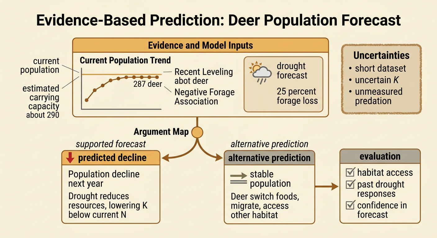 A forecast diagram shows the current deer population above a drought-lowered carrying capacity and points toward decline.