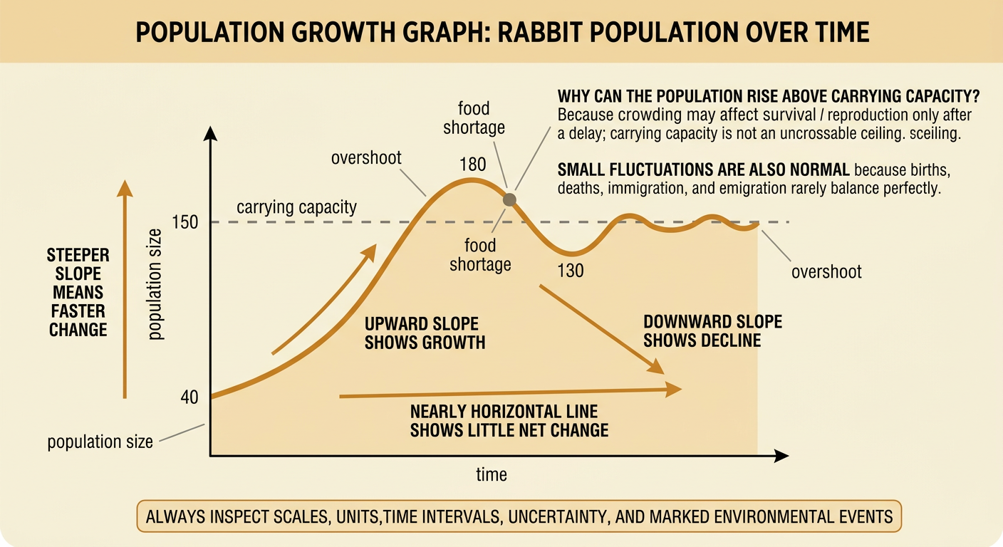 A rabbit population graph rises above a carrying-capacity line and then falls below it.