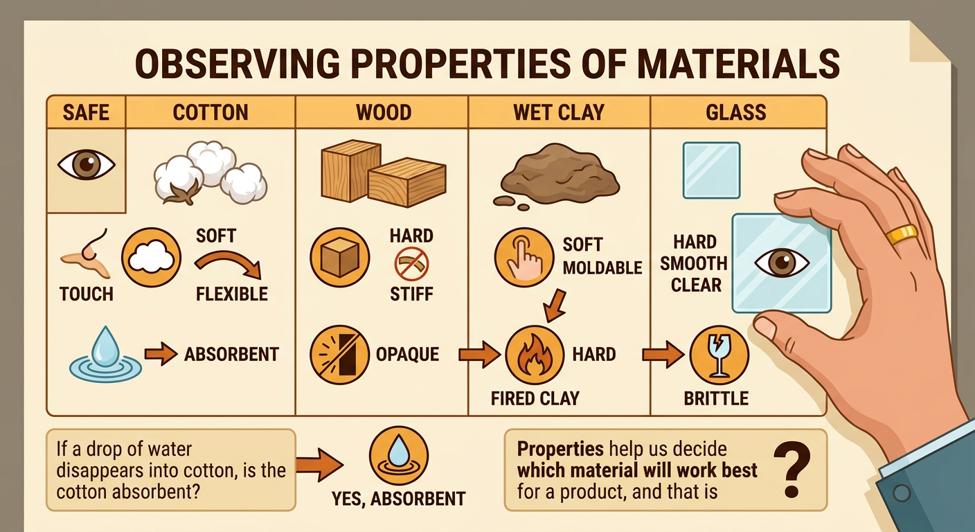 Four safe material samples are shown with a hand, an eye, and a water drop testing their observable properties.