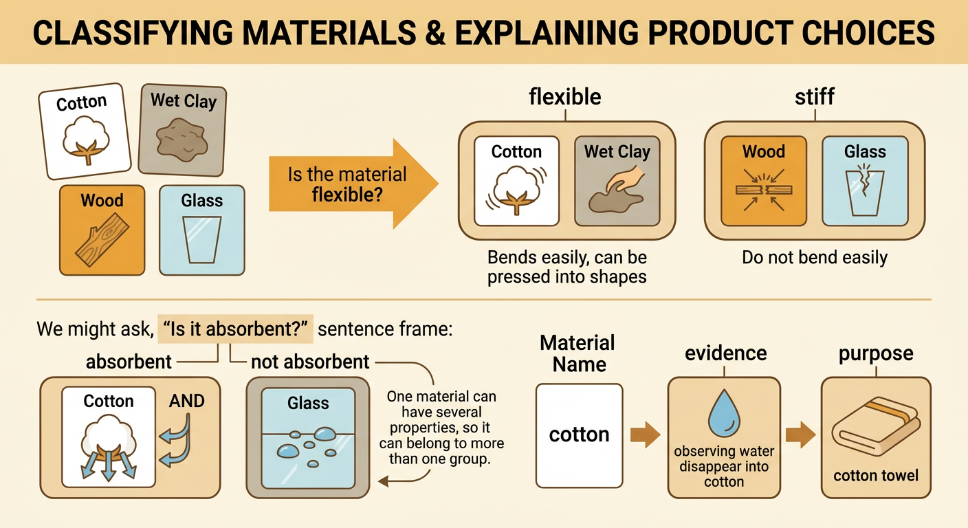 A sorting chart places material pictures into flexible, stiff, absorbent, and not absorbent groups, with a towel explanation beside it.