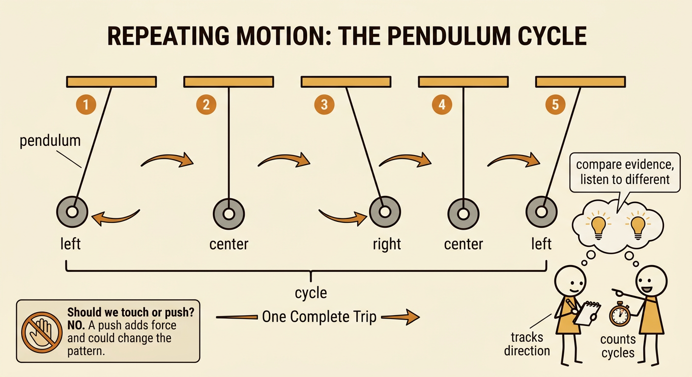 A pendulum moves through one complete cycle from left to right and back.