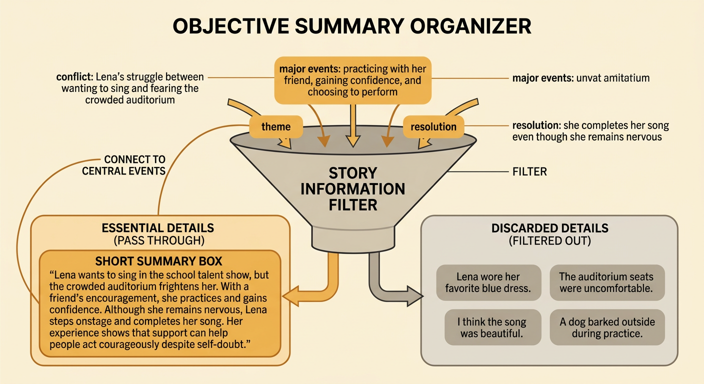 A summary organizer connects Lena’s conflict, major events, resolution, and theme in logical order.
