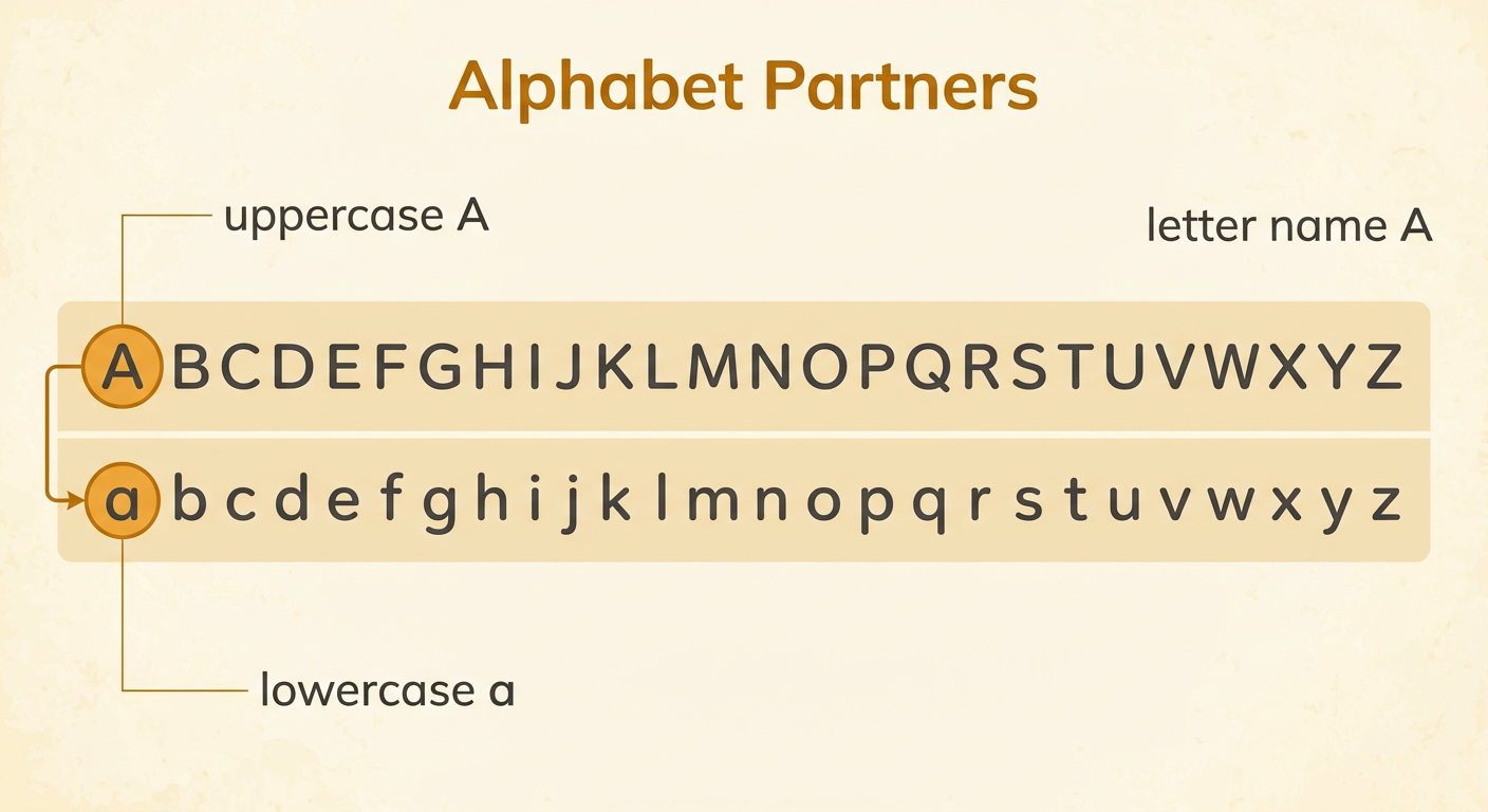 An alphabet chart from A to Z shows a large uppercase A beside a smaller lowercase a with their shapes highlighted.