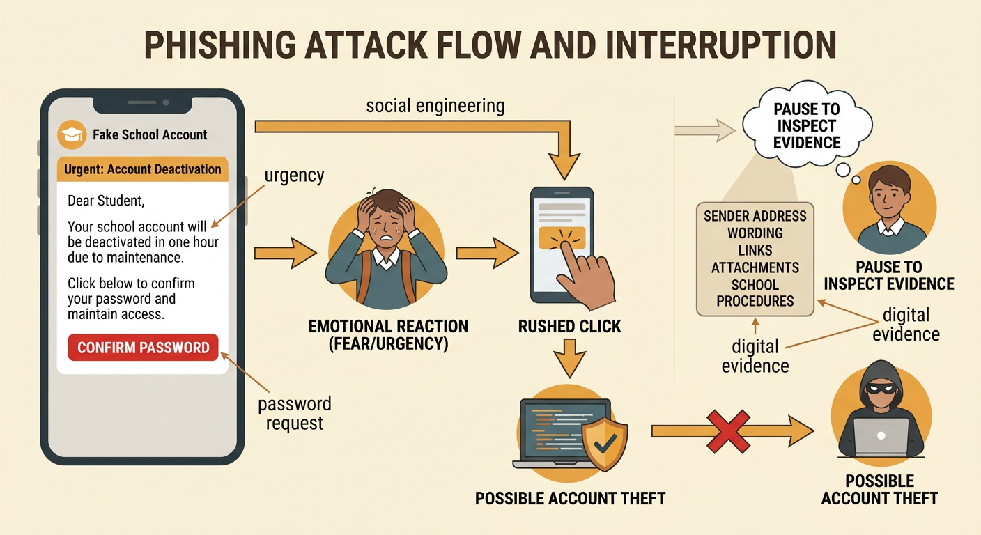 A fake school account warning highlights emotional pressure and a demand for login information.