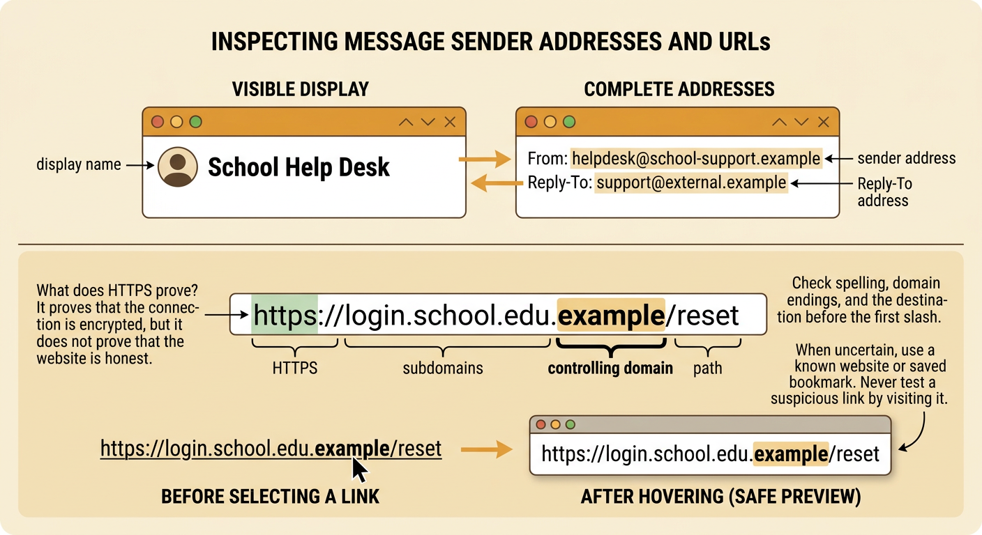 An enlarged email header and URL reveal a copied name, mismatched addresses, and a misleading domain.