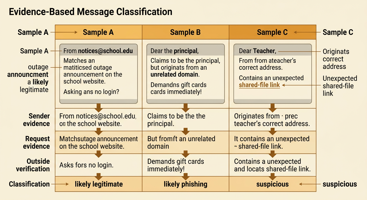Three message cards show evidence for legitimate, suspicious, and phishing classifications.