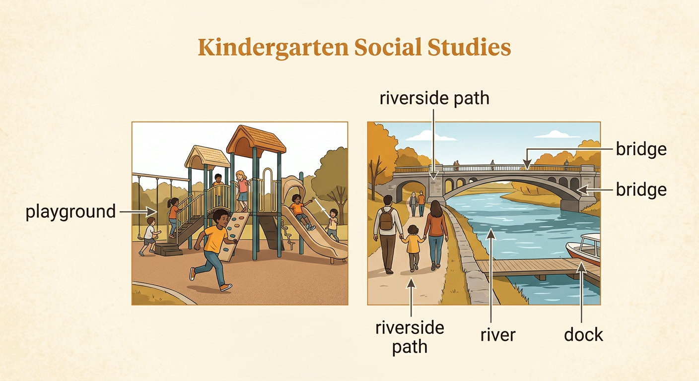 Two community photographs show children at a playground and people using a riverside path with a bridge and dock.