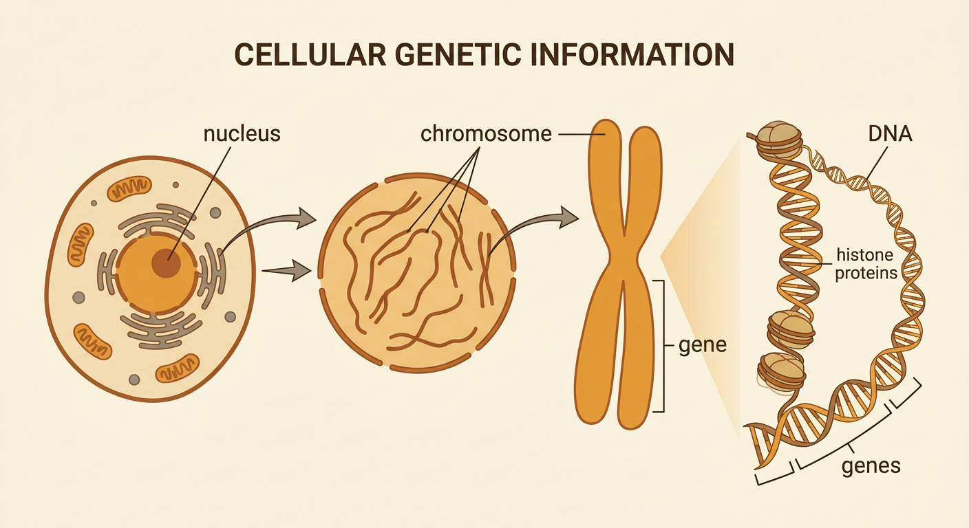 A cell diagram zooms from the nucleus to a chromosome, DNA, and one highlighted gene segment.