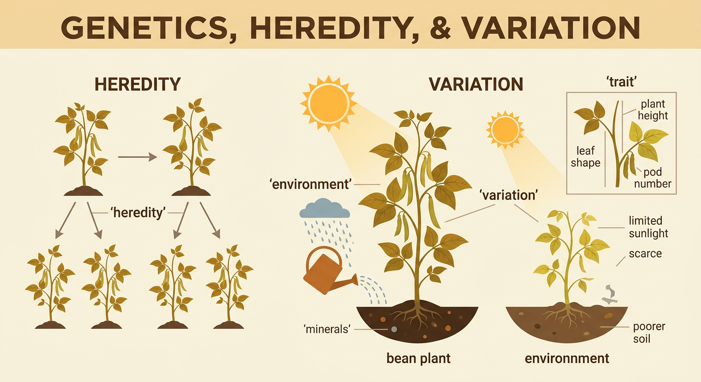 Two bean plants with similar inherited genes grow to different heights in different environments.