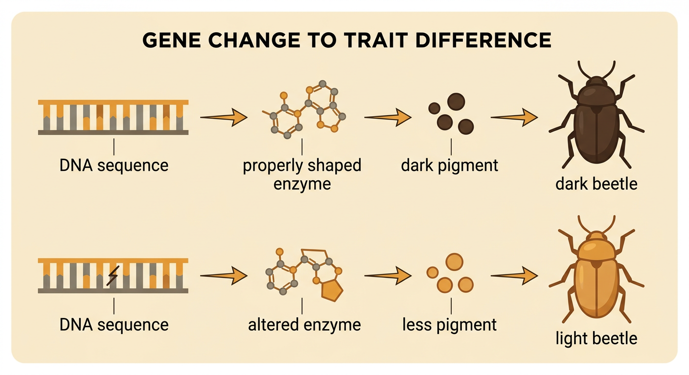 Two arrow-linked pathways show how beetle DNA differences may produce dark or light body color.