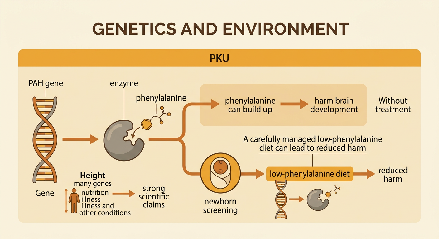A branching PKU diagram contrasts untreated phenylalanine buildup with reduced harm after newborn screening and a low-phenylalanine diet.