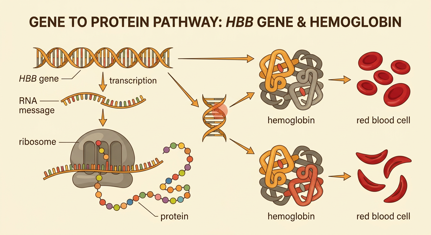 A diagram traces information from the HBB gene through an RNA message and ribosome to hemoglobin and red blood cell shape.