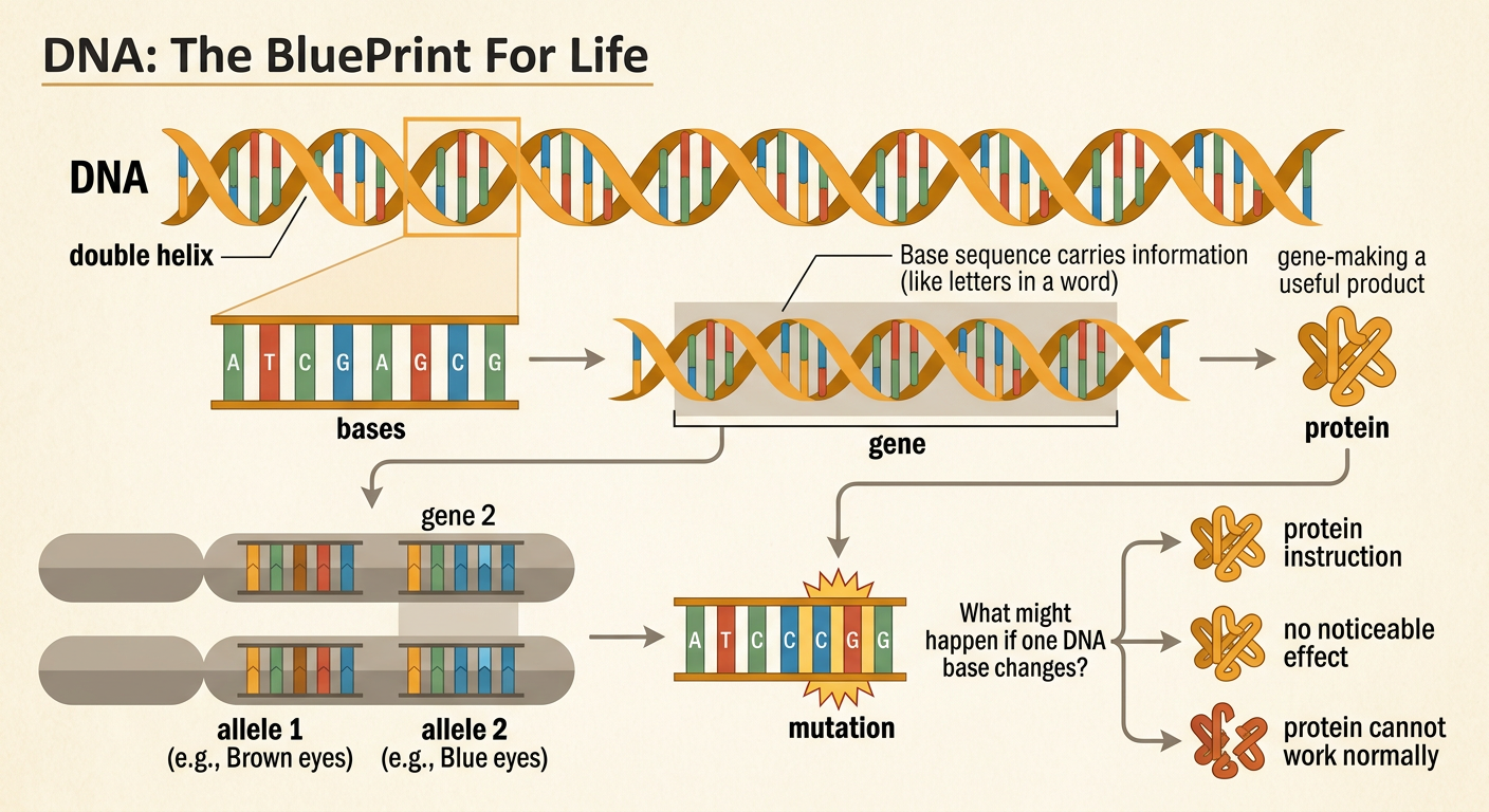 A labeled DNA double helix highlights a gene, its bases, and a one-base mutation.