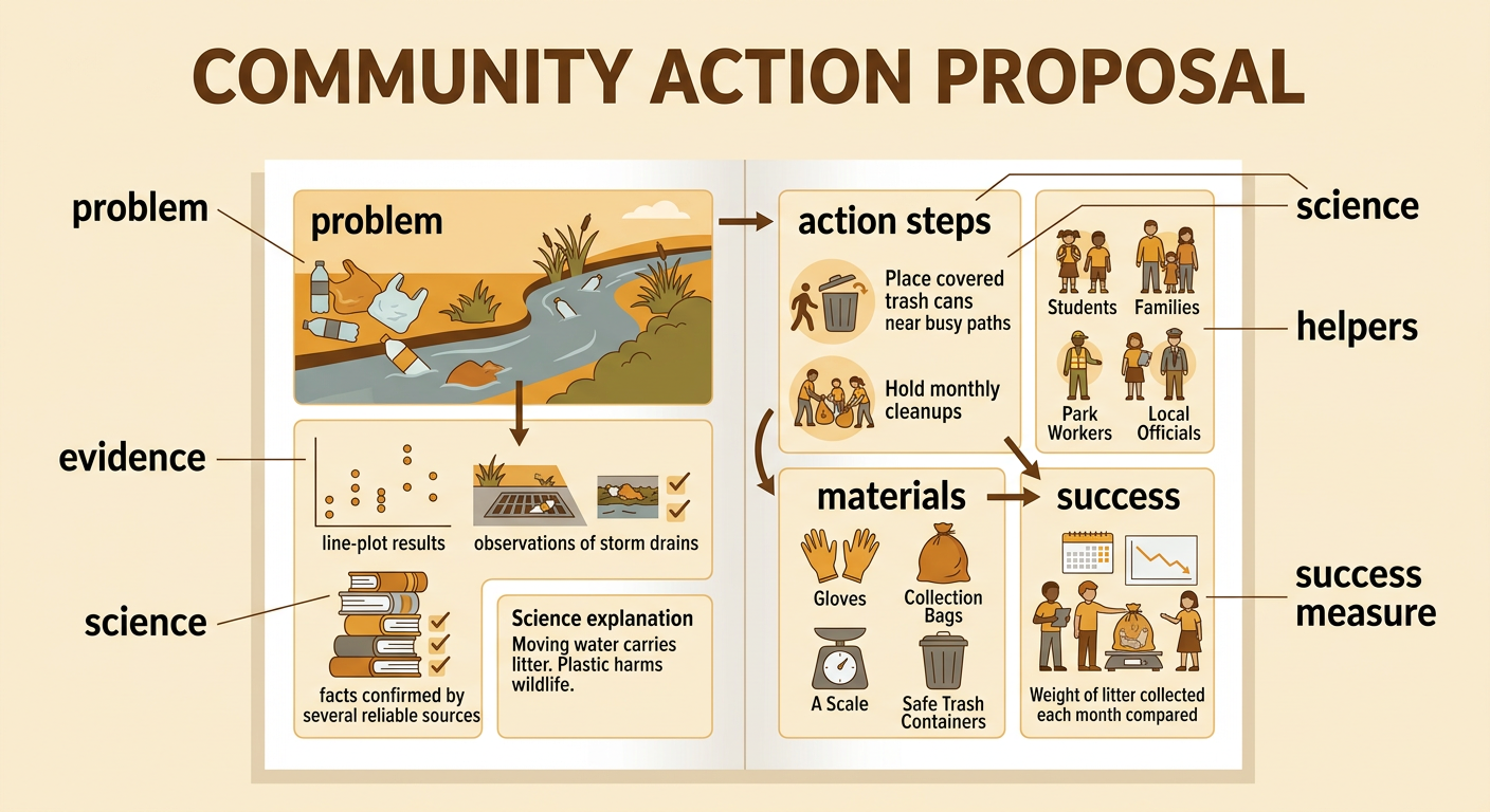 A community action proposal for a cleaner creek connects the problem and evidence to people, supplies, steps, and a way to measure success.