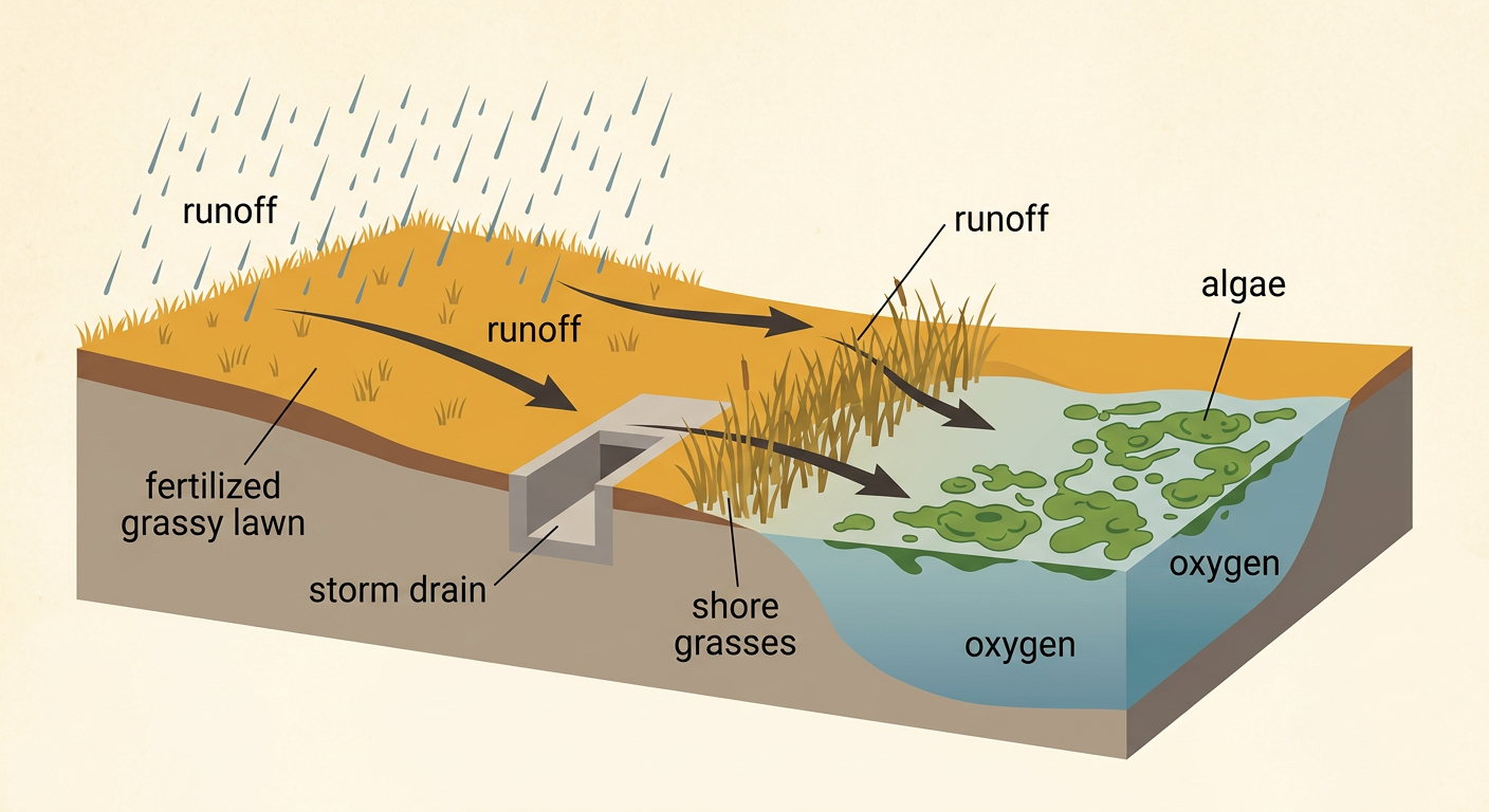 A labeled pond diagram shows fertilizer runoff feeding algae, lowering oxygen, and being slowed by grasses near a storm drain.