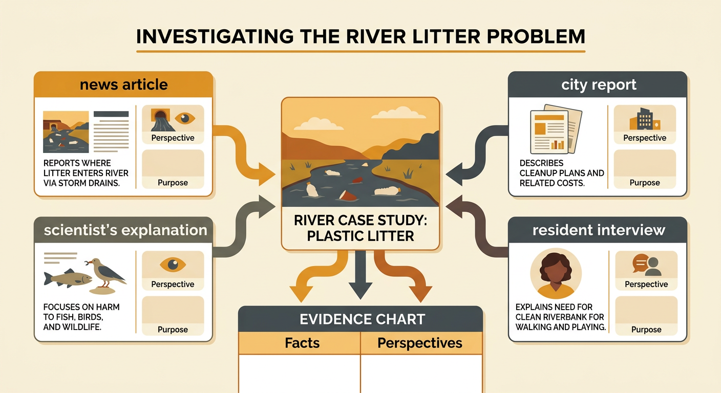 A source board about river litter displays four connected documents with their different kinds of evidence.
