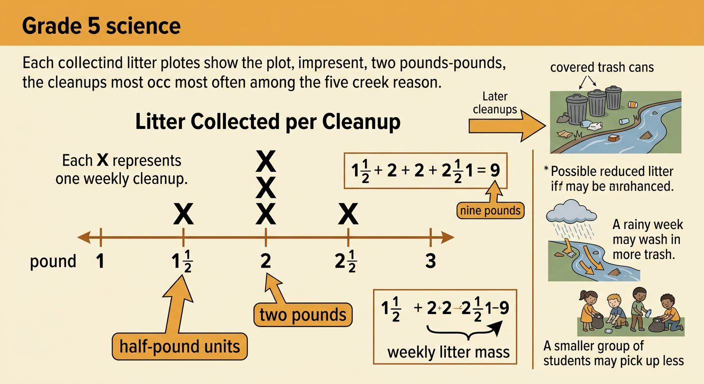 A half-pound line plot shows five weekly creek-litter measurements totaling nine pounds beside covered trash cans.