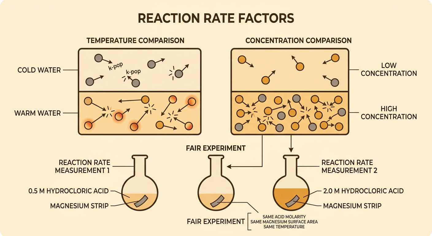 A split diagram compares a tablet in warm and cold water and magnesium reacting in high- and low-concentration acid.