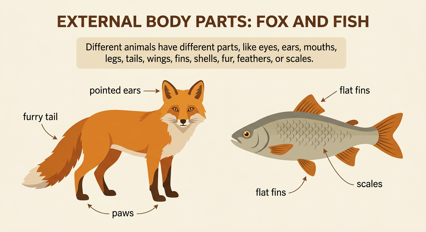 A fox and a fish appear side by side with their different external body parts labeled.