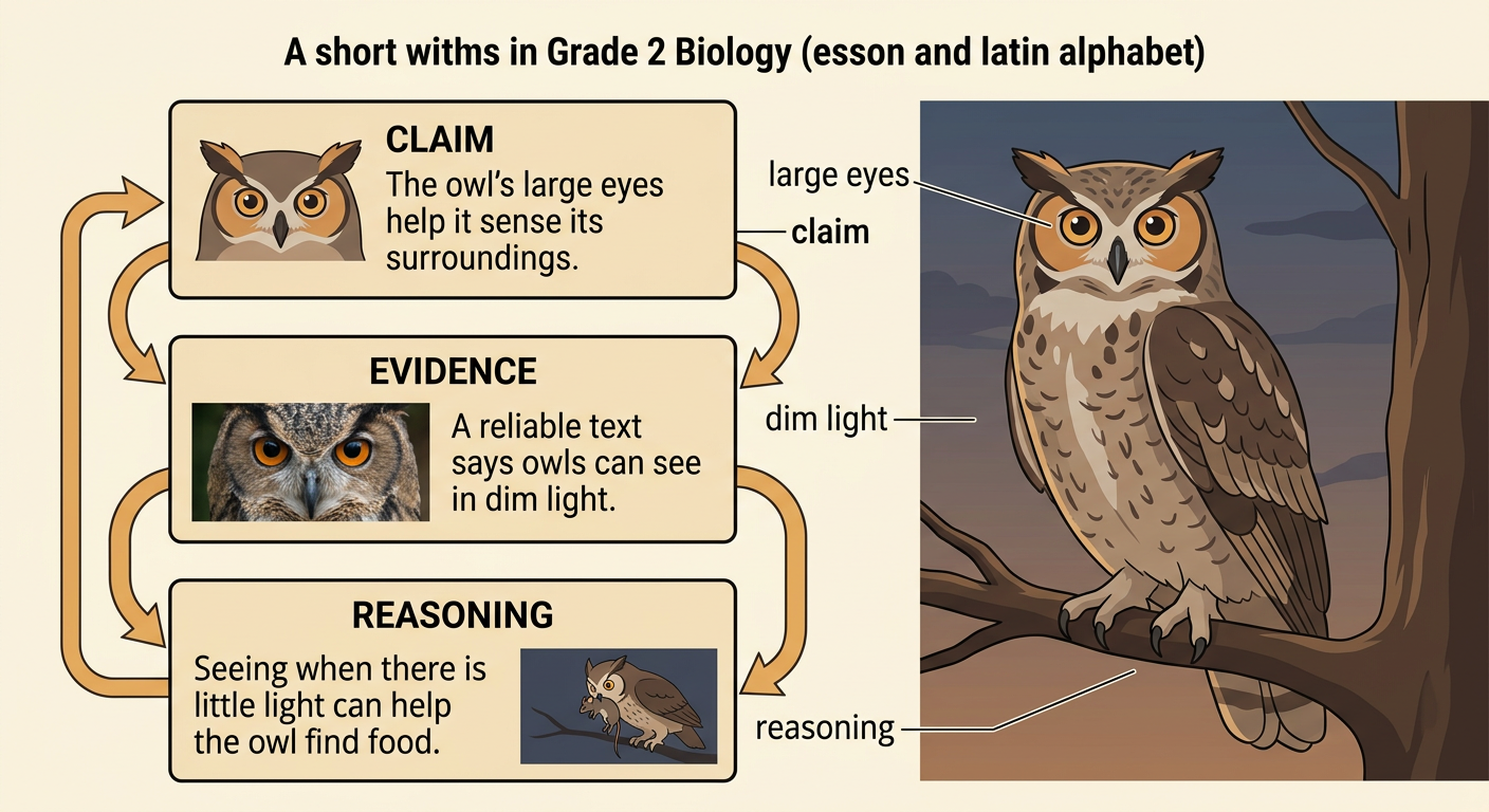 An owl with large forward-facing eyes appears beside a claim-evidence-reasoning explanation chain.
