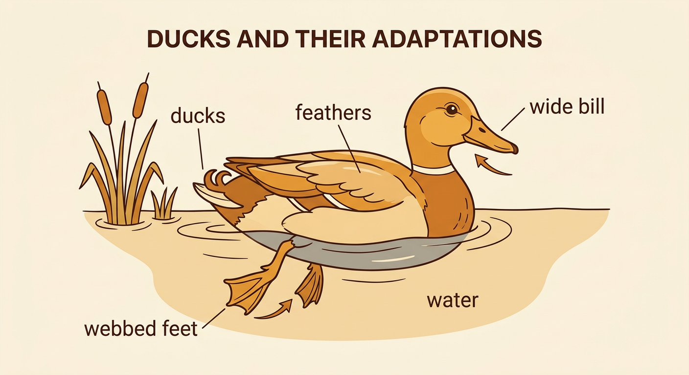 A duck swims in a pond with its visible outside parts clearly labeled.