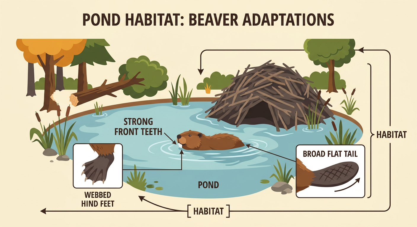 A beaver swims in a pond while its swimming, steering, and cutting parts are labeled.